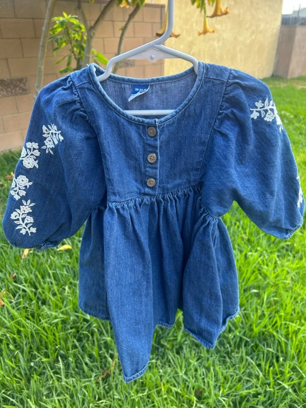 Old Navy Blue Denim Girls' Embroidered Sleeve Peasant Dress